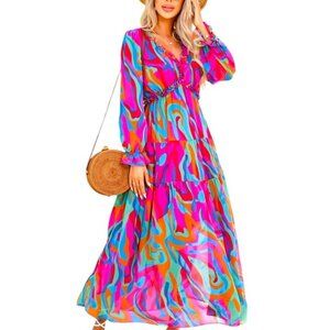 Boutique Pink & Orange Colorful Abstract Art Maxi Dress Size Large